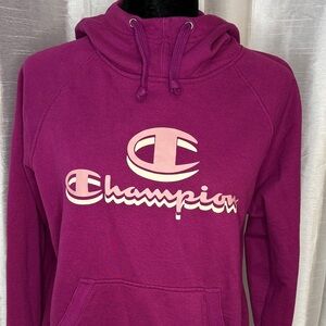 Champion Double Logo Pink Purple Spellout Kangaroo Pouch Hoodie Womens S